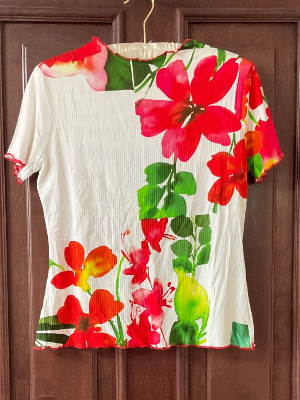Desigual White Short Sleeve Top with Red & Green Floral Print